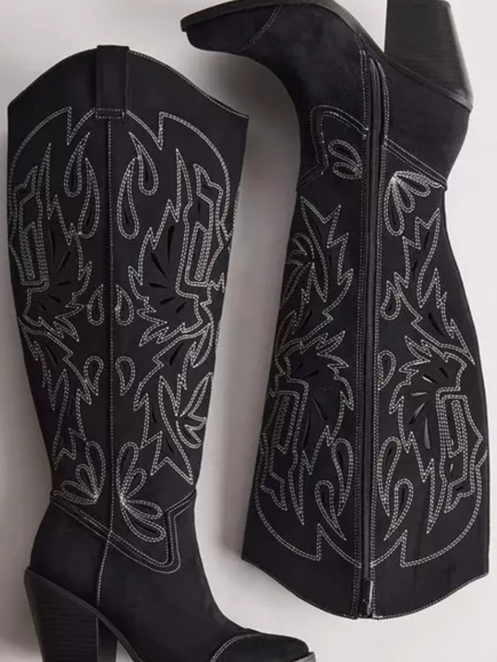 Black Embroidered Western Knee-High Boots - Women